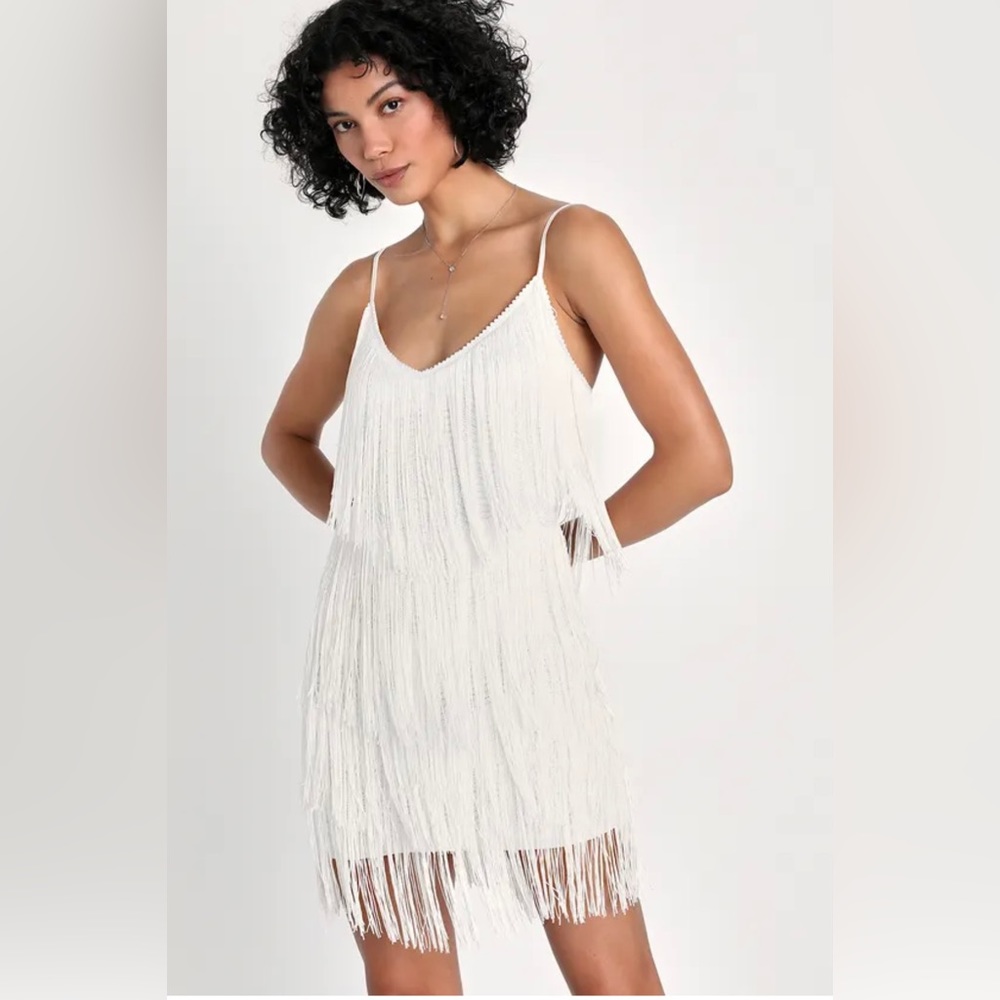 Lulu’s White Bodycon Sequin Fringe Dress